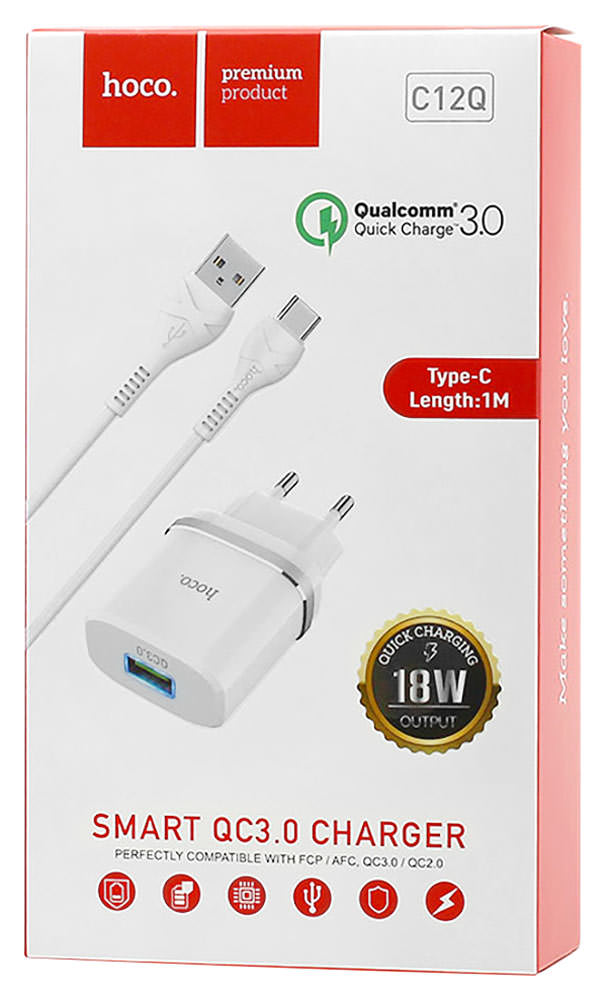 зарядное устройство с быстрой зарядкой Hoco C12Q Smart QC3.0 charger + Type-C cable white