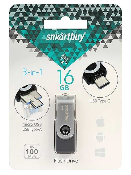 USB флешка с microUSB и type C SmartBuy TRIO 3-in-1 OTG 3.0 16GB black