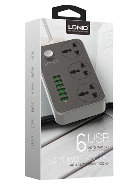 универсальный сетевой фильтр LDNIO SC3604 6USB*3 розетки 2м grey