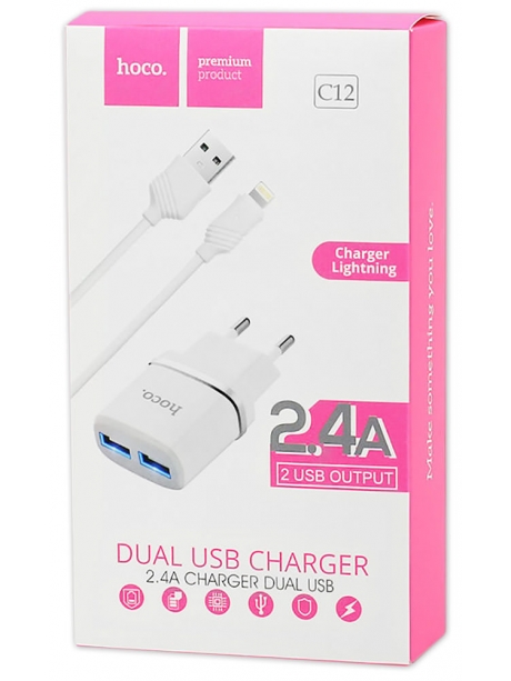 зарядное устройство Hoco C12 Smart dual USB charger 2.4A + Lightning cable white