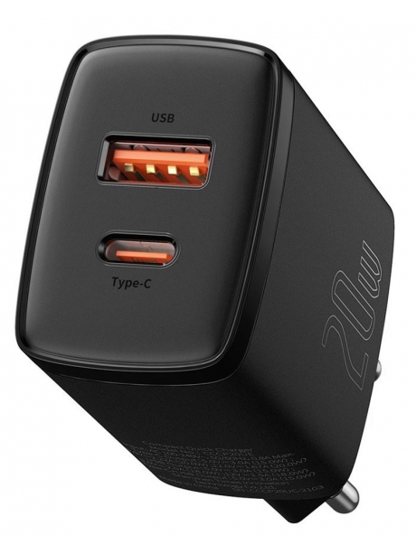 быстрая сетевая зарядка Power Delivery Baseus Compact Quick Charger U+C 20W black