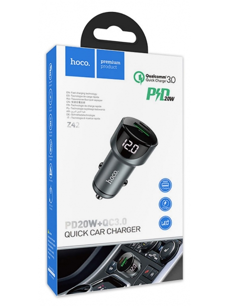 автомобильная зарядка c дисплеем Hoco Z42 Light road dual port digital display PD20W+QC3.0 car charger metal gray