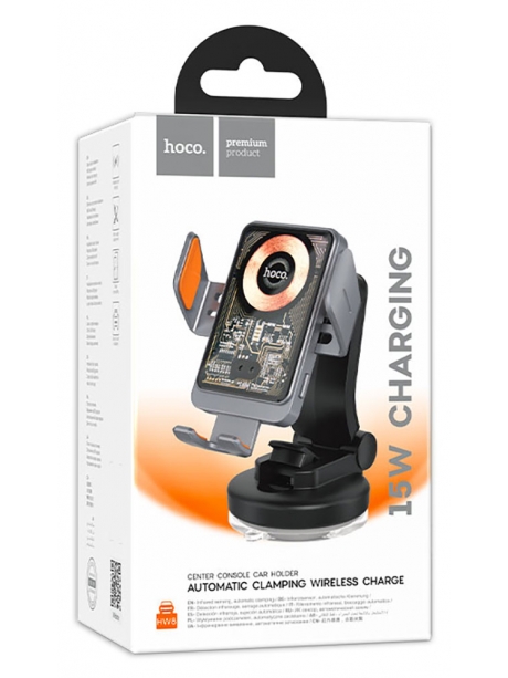 держатель для телефона с беспроводной зарядкой Qi Hoco HW8 Transparent Discovery Edition wireless fast charging holder metal gray