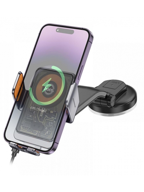 держатель для телефона с беспроводной зарядкой Qi Hoco HW8 Transparent Discovery Edition wireless fast charging holder metal gray