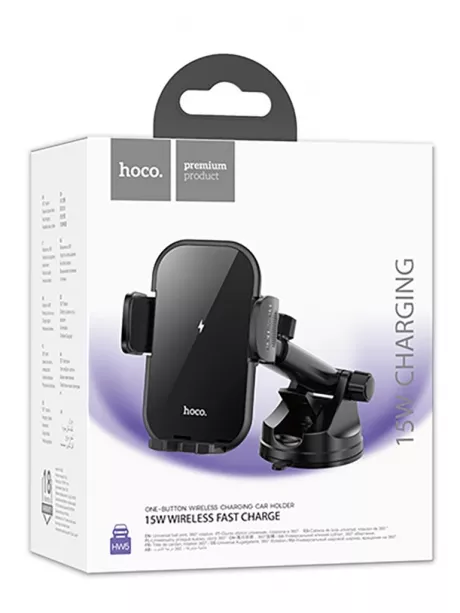 держатель на присоске с беспроводной зарядкой Qi Hoco HW5 Journey wireless fast charging car holder(center console) black
