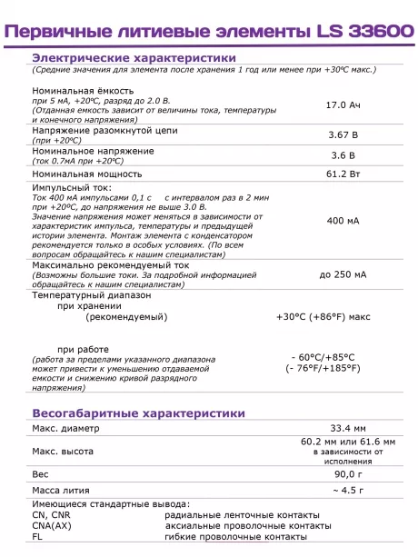 литиевая батарейка для счётчика Saft LS 33600 (D) 4шт. 